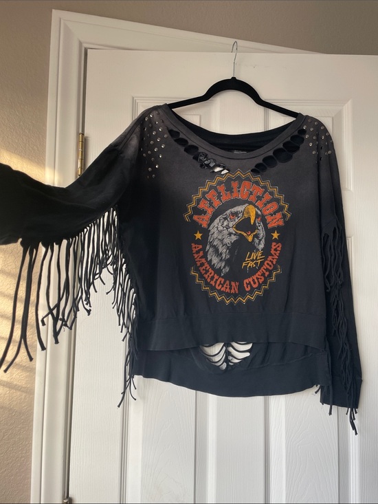 Affliction Tops - Affliction Black Eagle Fringe Graphic Long Sleeve Shirt